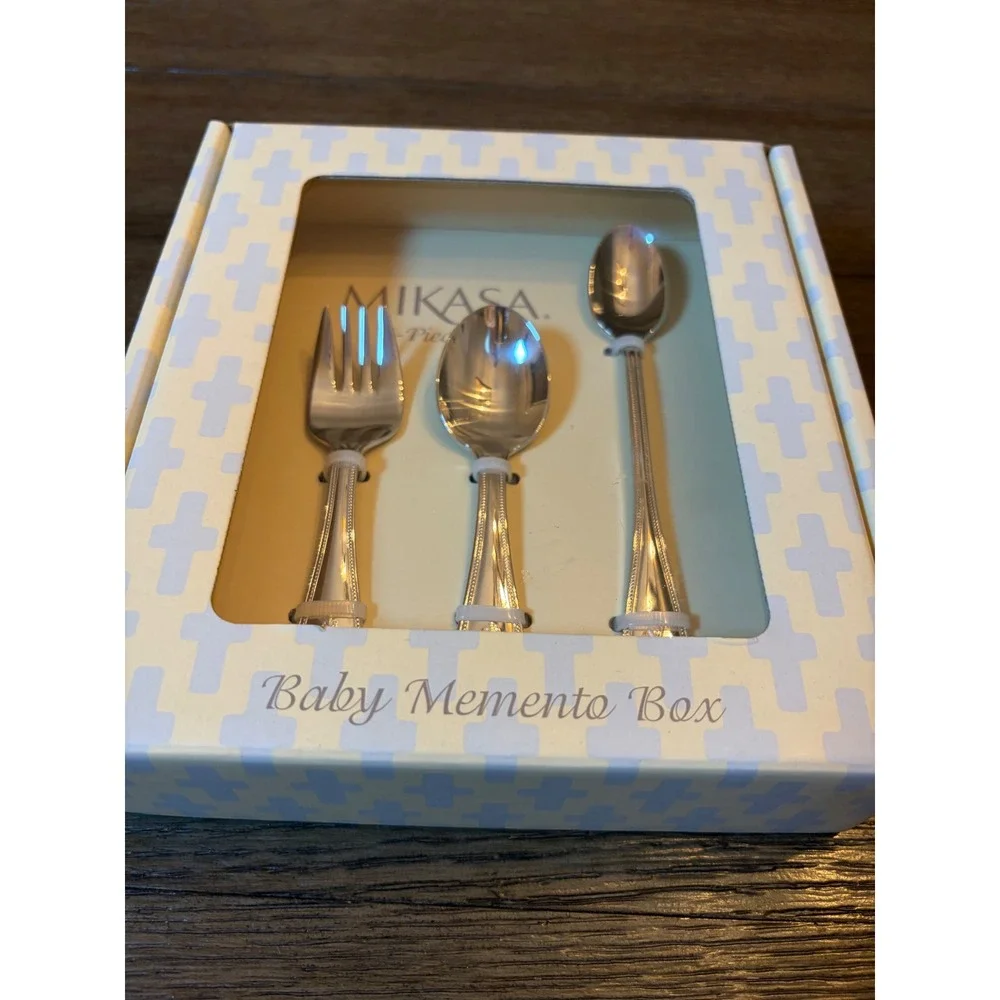Mikasa 3-Piece Flatware Set Baby OS Silver Cross Memento Box Stainless Steel